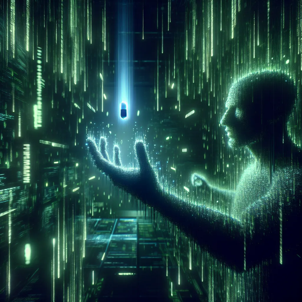 Scene illustration from the movie The Matrix addressing the question: What pharmacological effect did Neo’s red pill have?