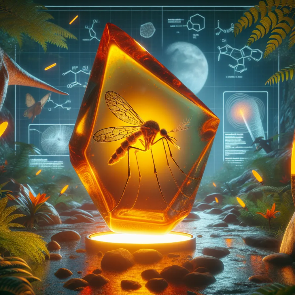 Scientific illustration related to Jurassic Park addressing the question: Could dinosaur DNA really be preserved in amber?