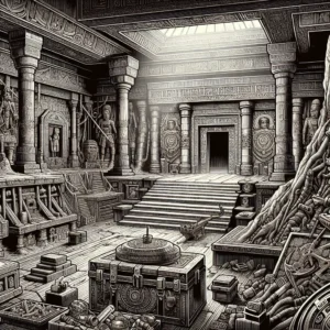 Scene illustration from the movie Raiders of the Lost Ark addressing the question: What carvings adorned the Ark’s exterior?