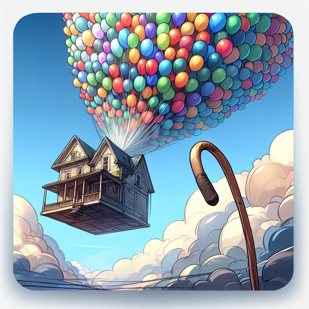 Scene illustration from the movie Up addressing the question: What fabric was used for Carl’s balloon strings?